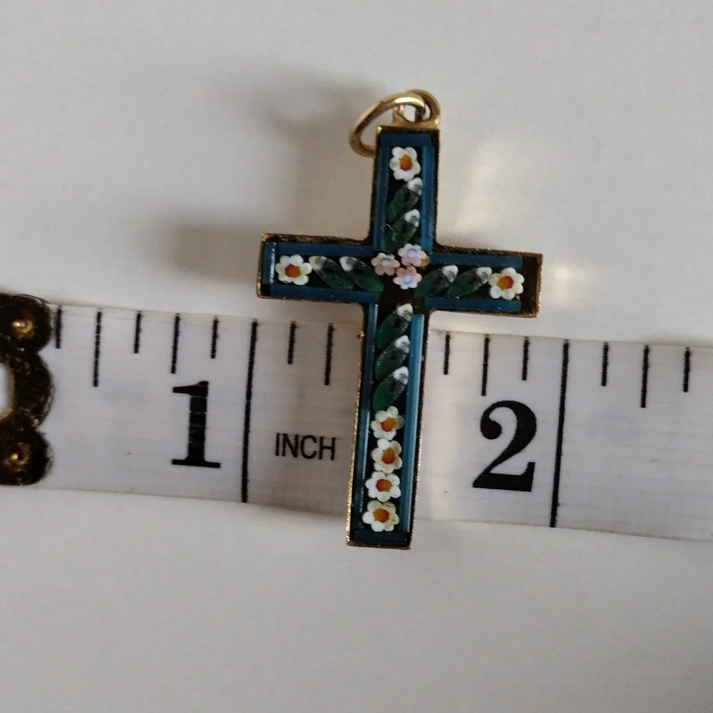 Vintage Venetian Micro Mosaic Glass Forget Me Not Flowers Cross